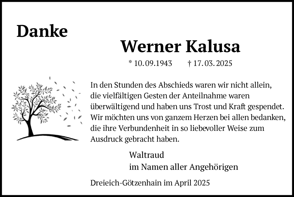  Traueranzeige für Werner Kalusa vom 19.04.2025 aus OF