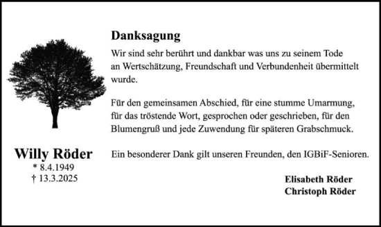 Traueranzeige von Willy Röder von OF