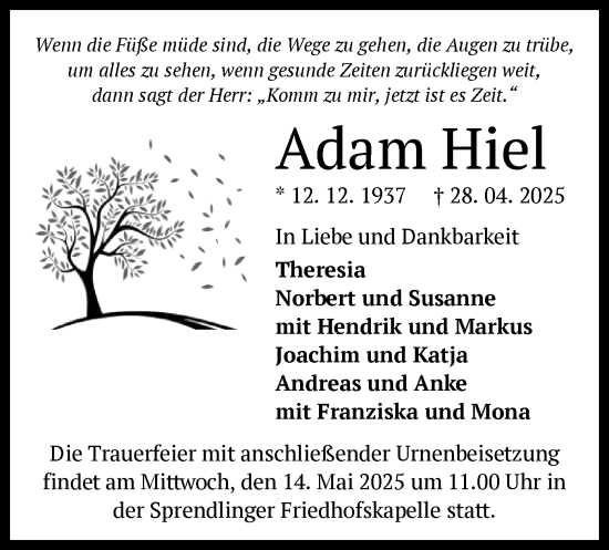 Traueranzeige von Adam Hiel von OF