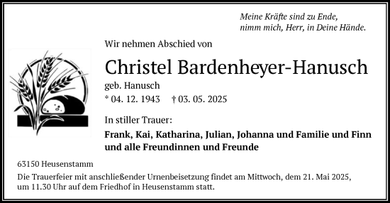 Traueranzeige von Christel Bardenheyer-Hanusch von OF