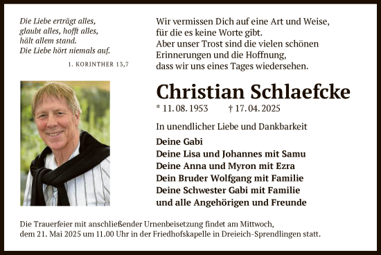 Traueranzeige von Christian Schlaefcke von OF