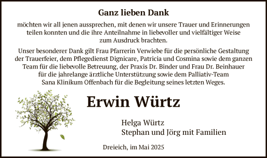 Traueranzeige von Erwin Würtz von OF