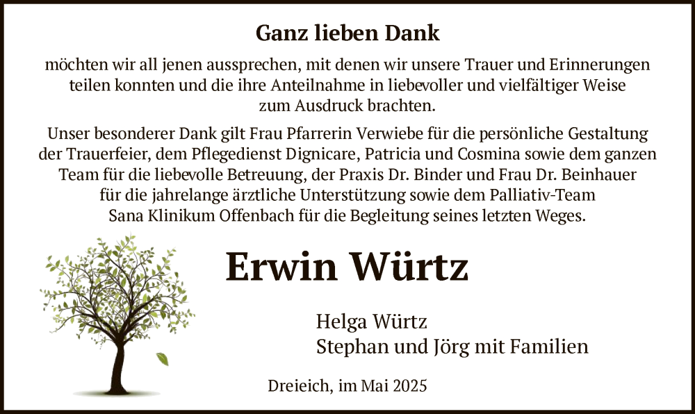  Traueranzeige für Erwin Würtz vom 10.05.2025 aus OF