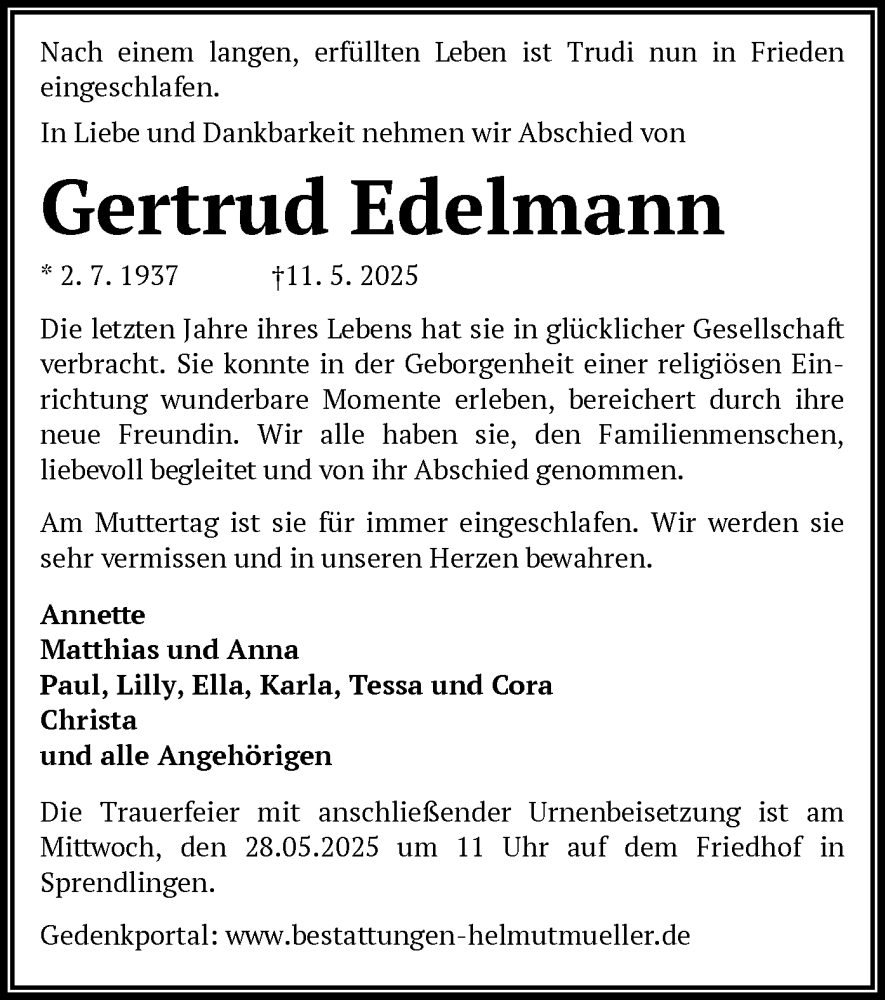  Traueranzeige für Gertrud Edelmann vom 24.05.2025 aus OFOP