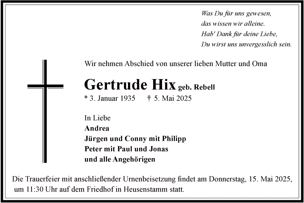  Traueranzeige für Gertrude Hix vom 10.05.2025 aus OF