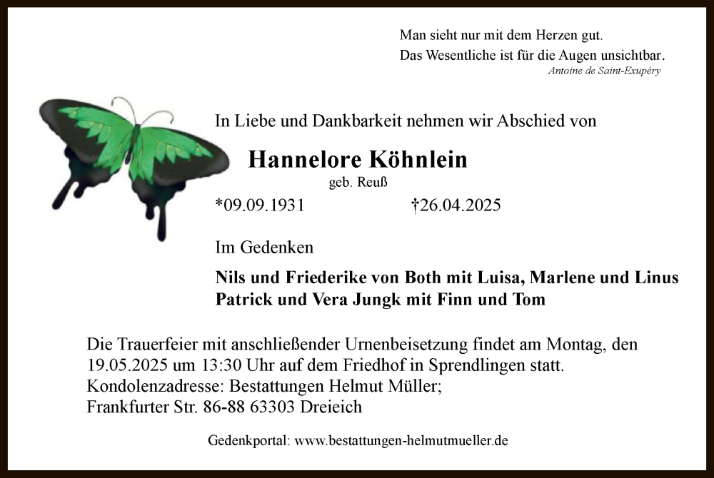  Traueranzeige für Hannelore Köhnlein vom 10.05.2025 aus OF