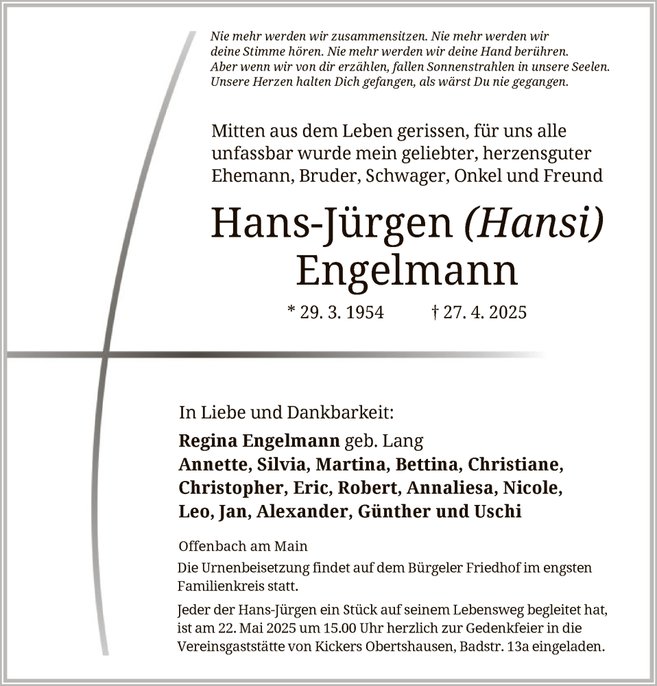  Traueranzeige für Hans-Jürgen Engelmann vom 10.05.2025 aus OF