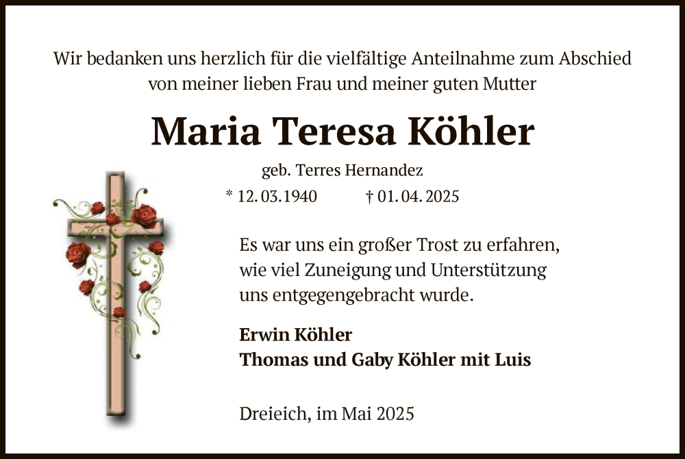  Traueranzeige für Maria Teresa Köhler vom 17.05.2025 aus OF