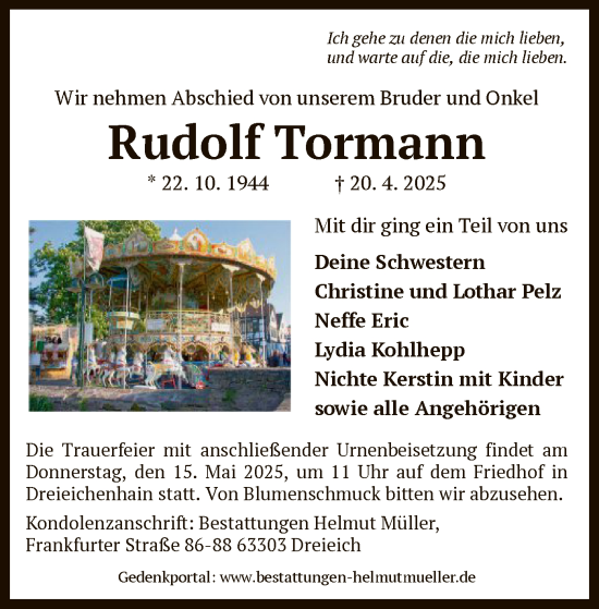 Traueranzeige von Rudolf Tormann von OF