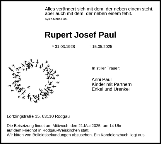 Traueranzeige von Rupert Josef Paul von OF