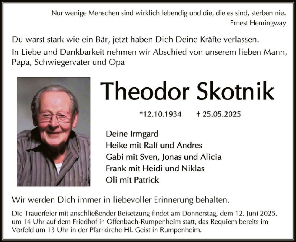  Traueranzeige für Theodor Skotnik vom 31.05.2025 aus OFOP
