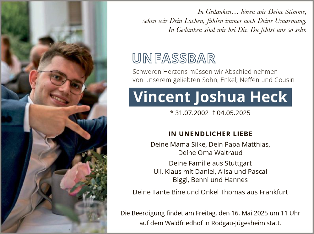  Traueranzeige für Vincent Joshua Heck vom 10.05.2025 aus OF