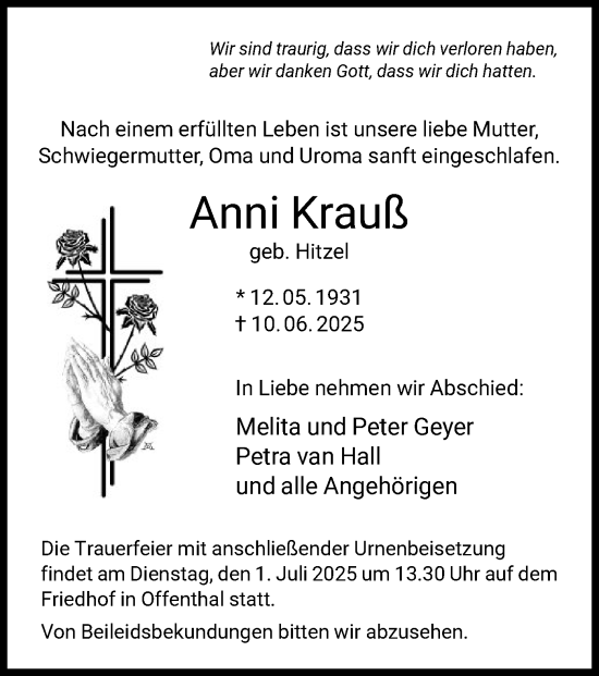 Traueranzeige von Anni Krauß von OF0W