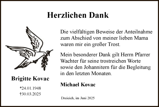 Traueranzeige von Brigitte Kovac von OF0W