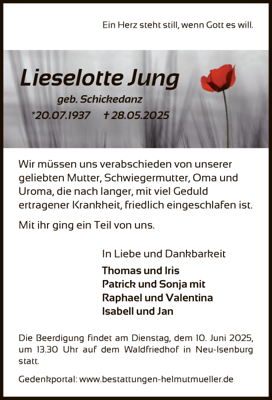 Traueranzeige von Lieselotte Jung von OF0W