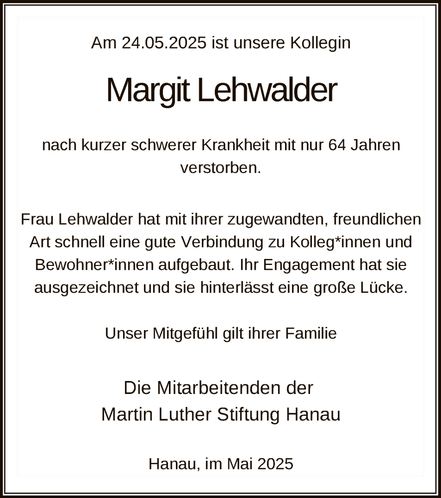  Traueranzeige für Margit Lehwalder vom 14.06.2025 aus OFHA