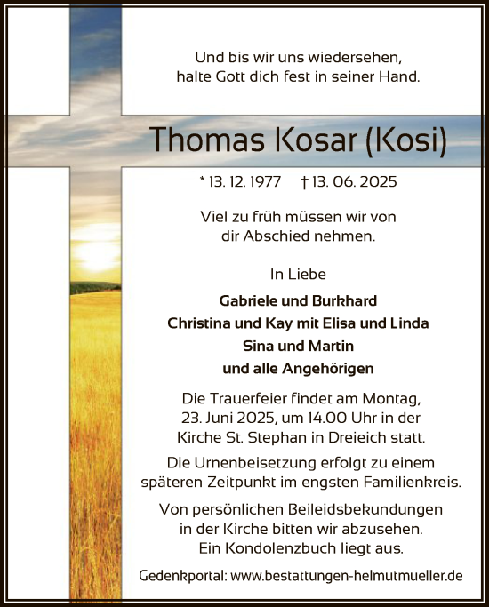 Traueranzeige von Thomas Kosar von OFOP