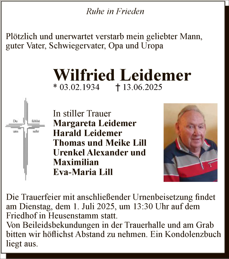  Traueranzeige für Wilfried Leidemer vom 28.06.2025 aus OFOP