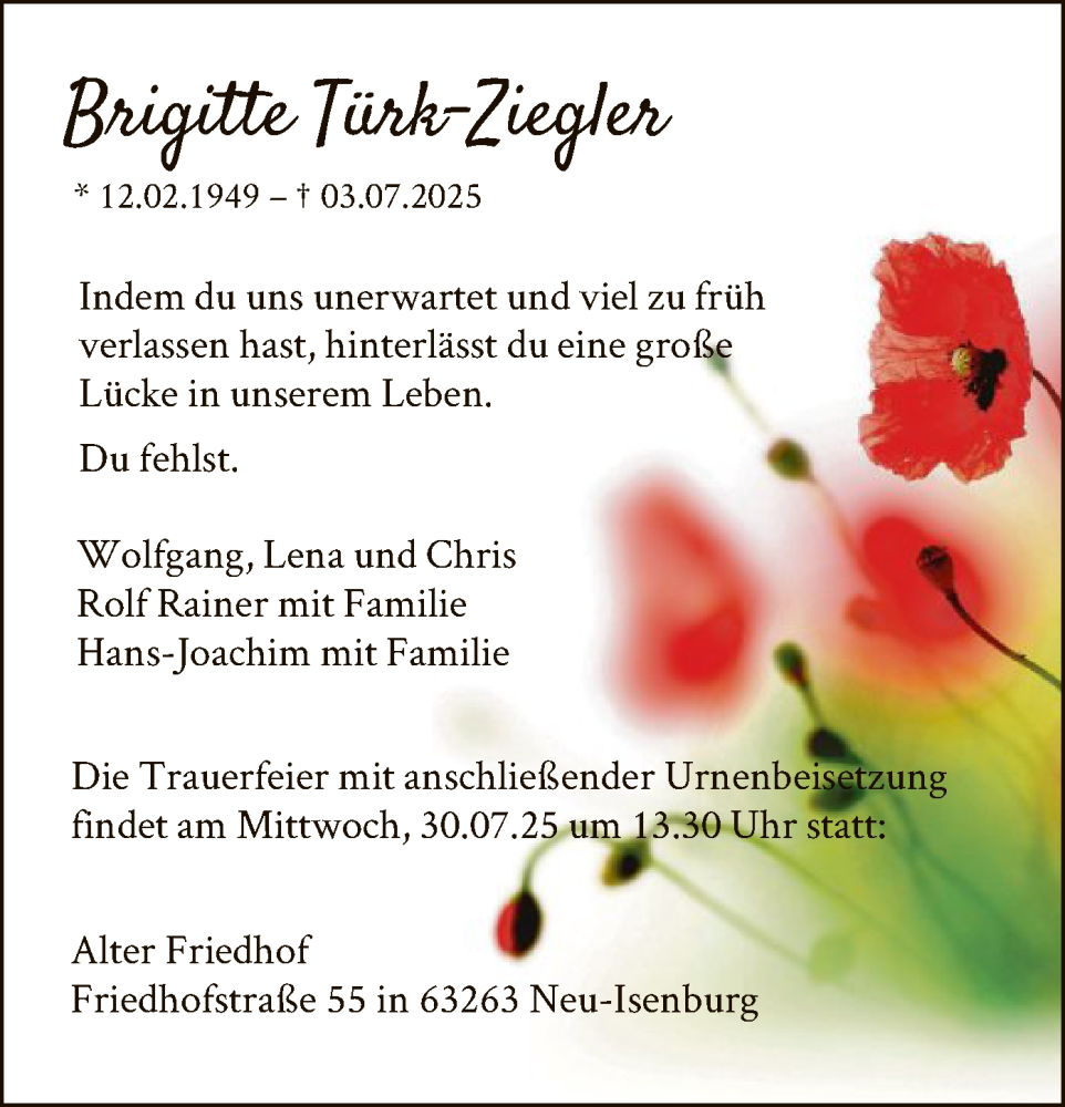  Traueranzeige für Brigitte Türk-Ziegler vom 26.07.2025 aus OF0W