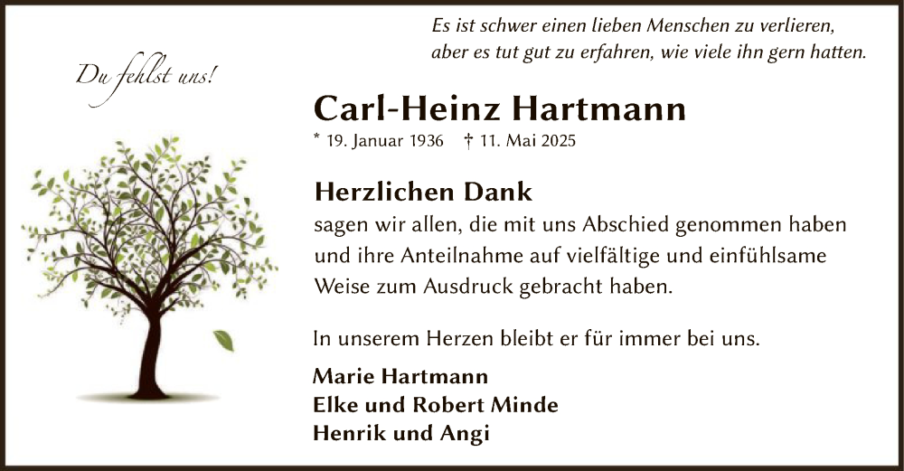  Traueranzeige für Carl-Heinz Hartmann vom 12.07.2025 aus OFOP