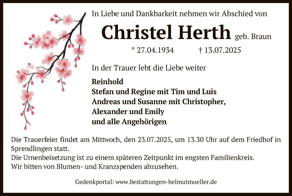  Traueranzeige für Christel Herth vom 19.07.2025 aus OFOP