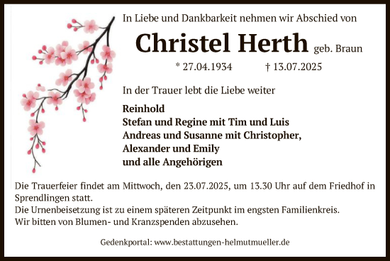 Traueranzeige von Christel Herth von OFOP