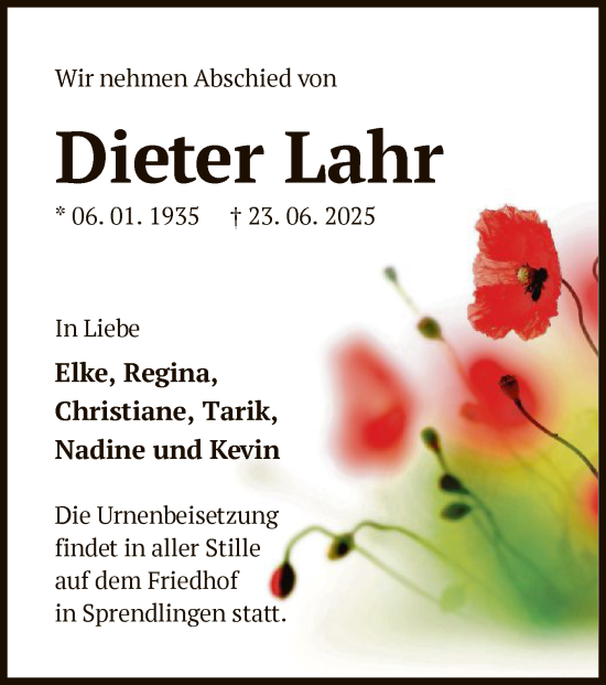 Traueranzeige von Dieter Lahr von OFOP