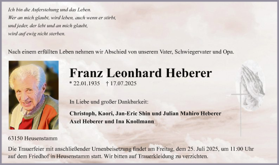 Traueranzeige von Franz Leonhard Heberer von OFOP
