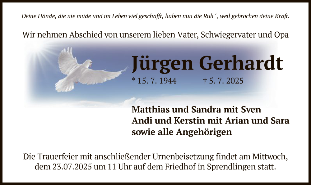  Traueranzeige für Jürgen Gerhardt vom 19.07.2025 aus OF0W