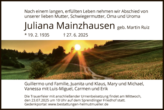 Traueranzeige von Juliana Mainzhausen von OFOP