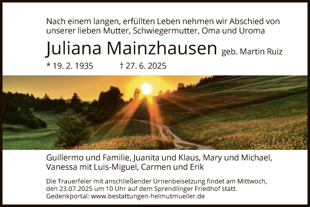  Traueranzeige für Juliana Mainzhausen vom 19.07.2025 aus OFOP