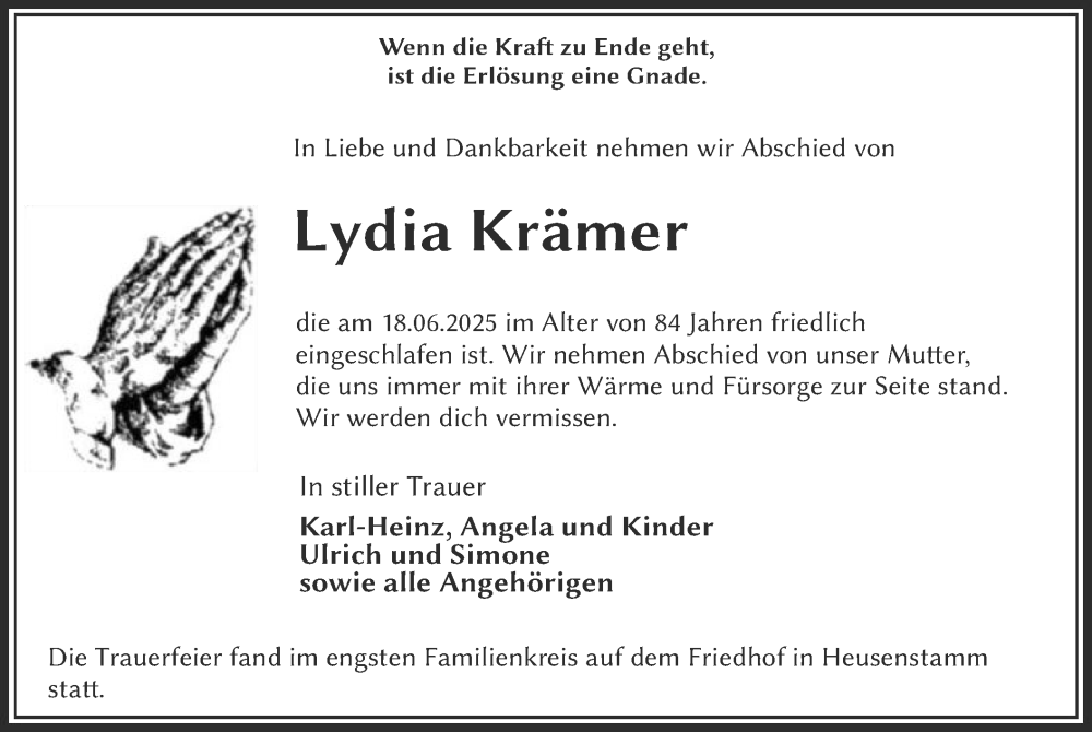  Traueranzeige für Lydia Krämer vom 05.07.2025 aus OF0T