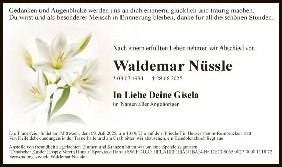 Traueranzeige von Waldemar Nüssle von OFOP