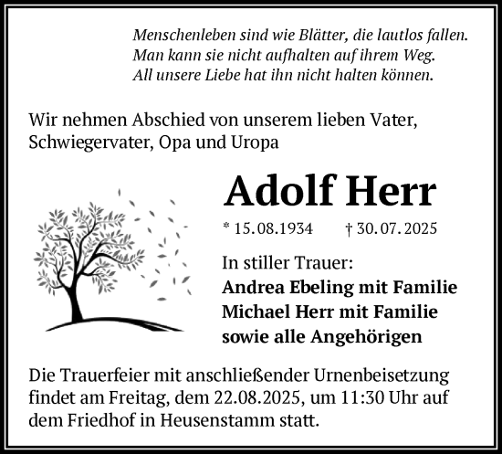 Traueranzeige von Adolf Herr von OF0T