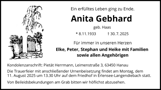 Traueranzeige von Anita Gebhard von OFHA