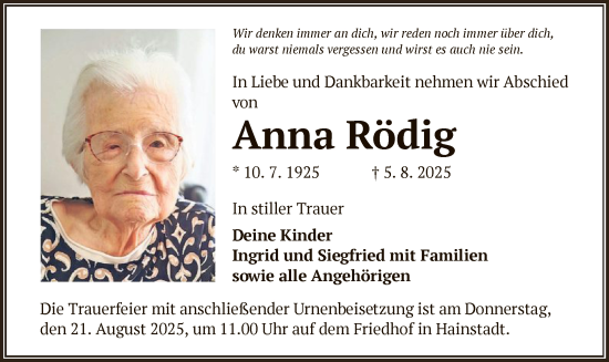 Traueranzeige von Anna Rödig von OF0L