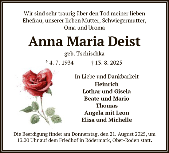 Traueranzeige von Anna Maria Deist von OFOP