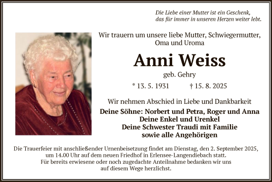Traueranzeige von Anni Weiss von OFHA