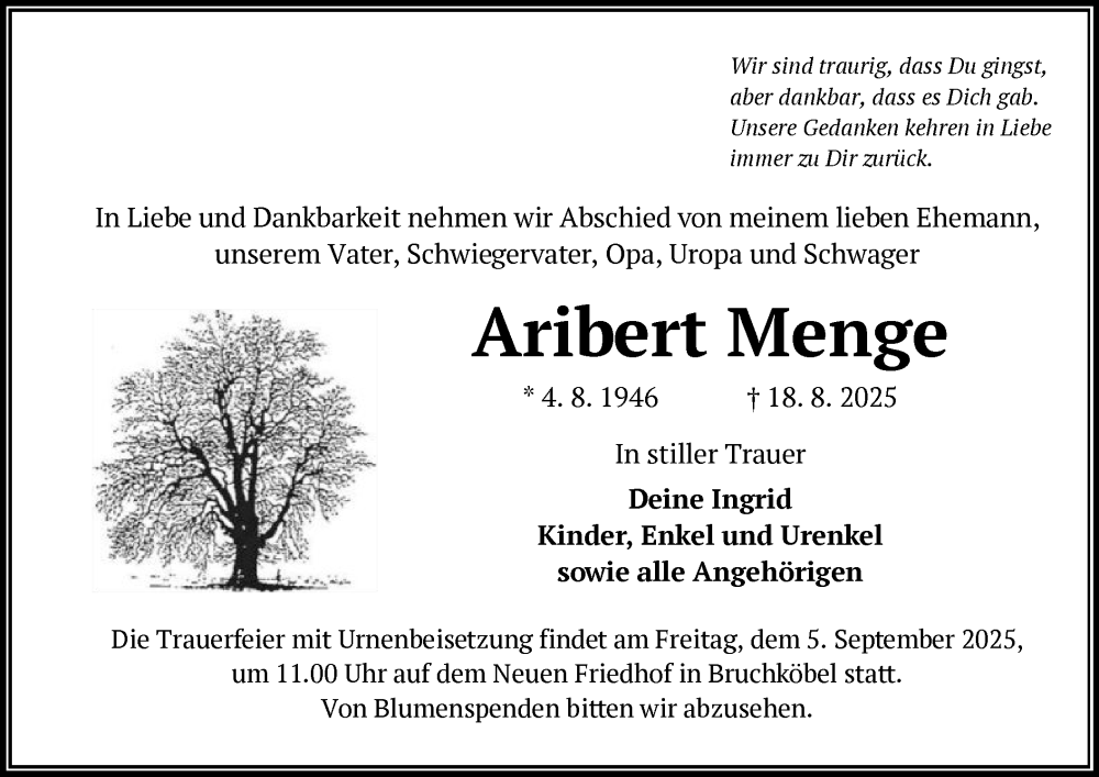  Traueranzeige für Aribert Menge vom 30.08.2025 aus OFHA