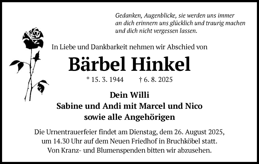  Traueranzeige für Bärbel Hinkel vom 16.08.2025 aus OFHA