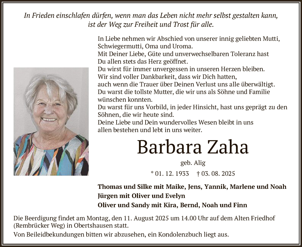  Traueranzeige für Barbara Zaha vom 09.08.2025 aus OFOP