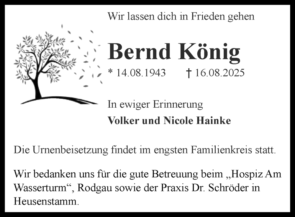  Traueranzeige für Bernd König vom 23.08.2025 aus OFOP