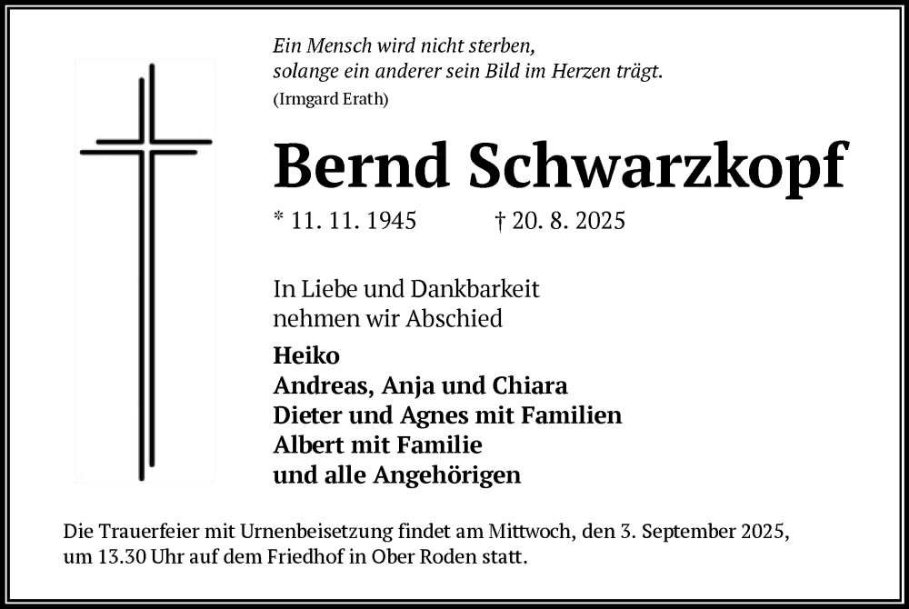  Traueranzeige für Bernd Schwarzkopf vom 30.08.2025 aus OFOP