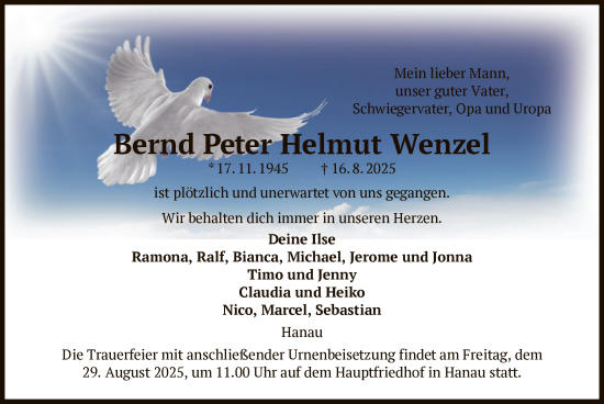 Traueranzeige von Bernd Peter Helmut Wenzel von OFHA