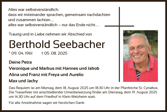 Traueranzeige von Berthold Seebacher von OF0L
