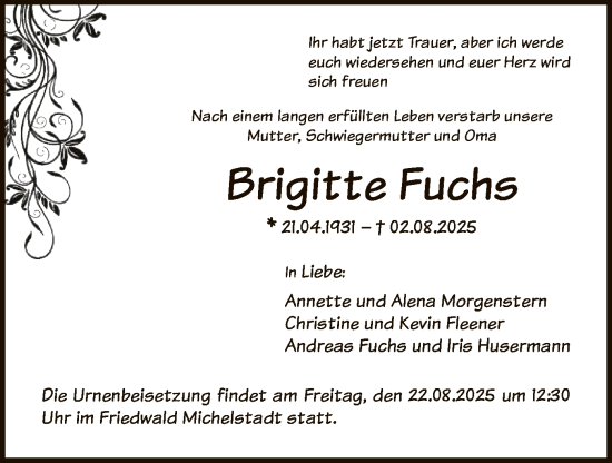 Traueranzeige von Brigitte Fuchs von OFOP
