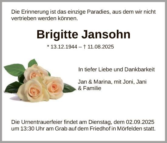 Traueranzeige von Brigitte Jansohn von OFMF