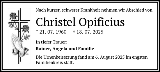 Traueranzeige von Christel Opificius von OFOP