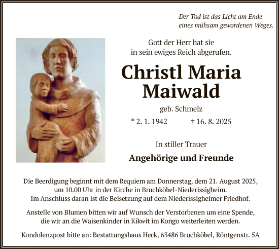 Traueranzeige von Christl Maria Maiwald von OFHA