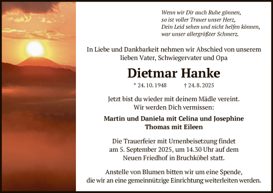 Traueranzeige von Dietmar Hanke von OFHA